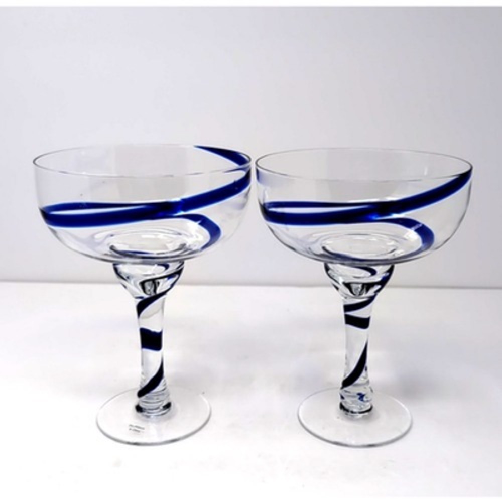Pier 1 Imports Swirline Cobalt Blue Margarita Glasses Set Of 2 Barware Handblown